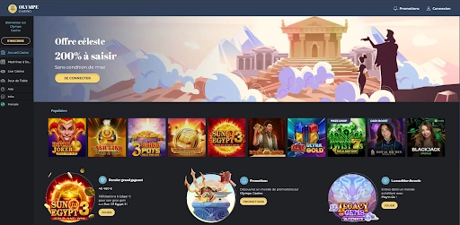 Interface du casino en ligne Olympe Casino avec bonus et jeux populaires