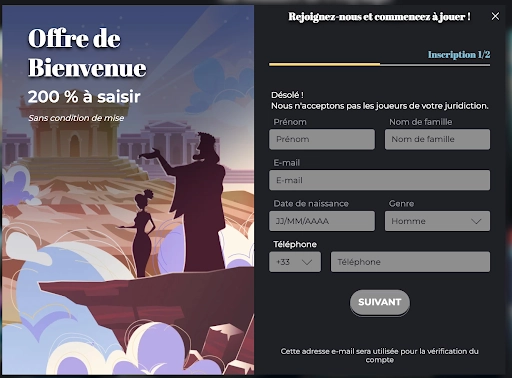 Offre de bienvenue avec 200 % de bonus sans condition de mise